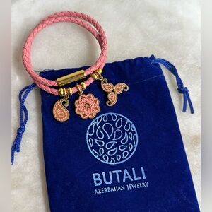 Butali Pink Leather Charm Bracelet Convertible Boho Choker, Azerbaijani Handmade